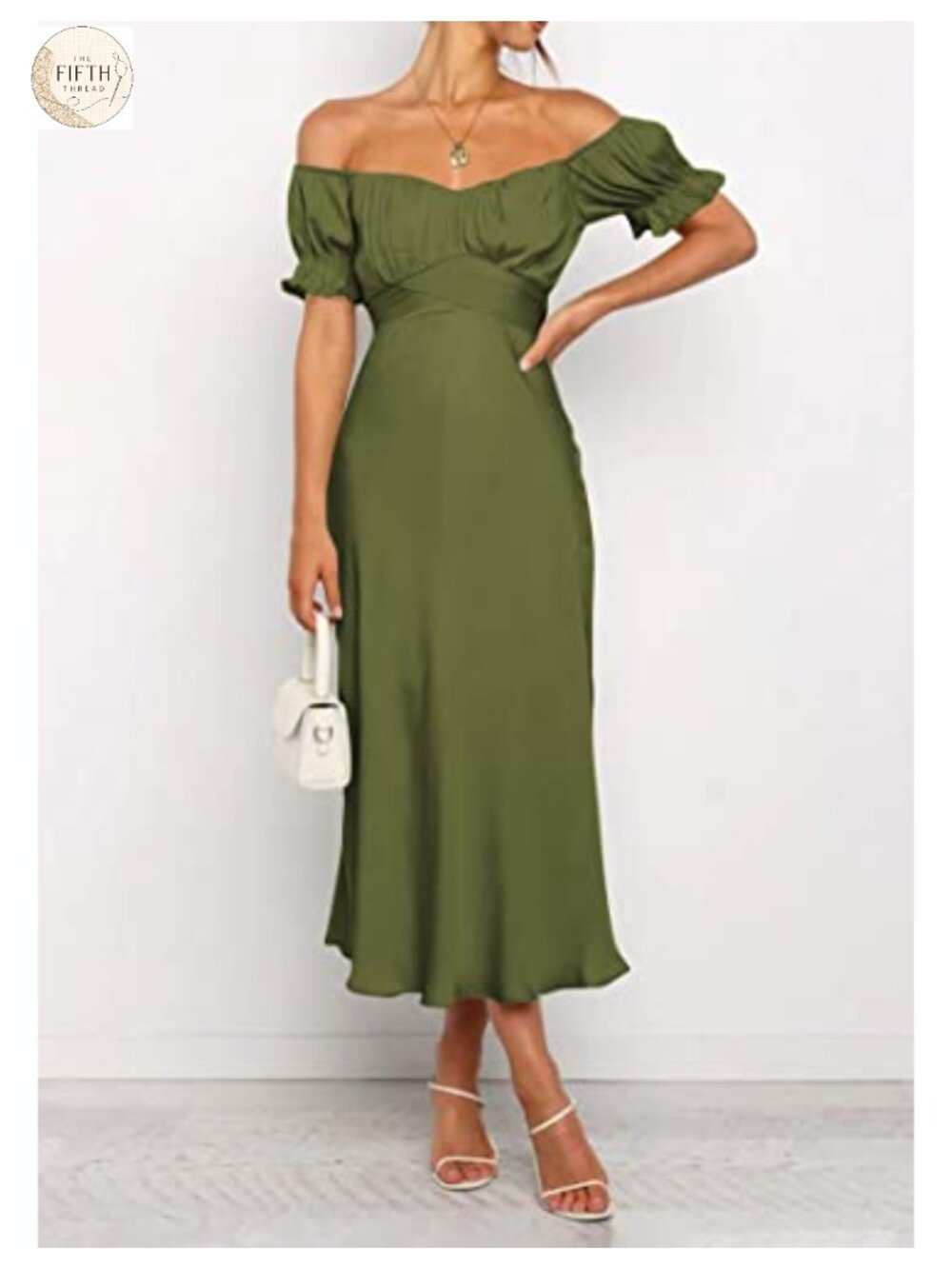Satin Off Shoulder Midi Dress Puff Sleeve Formal Wedding Guest Cocktail - Picture 2 of 5